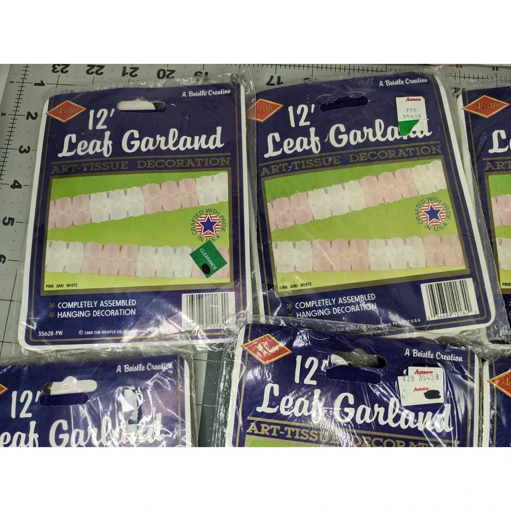Beistle 12 Foot Leaf Garland 55628 Pink White Lot of 8 and 15‎ Inch Bell